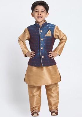 Boys Brown And Blue Solid Kurta With Churidar And Jacket