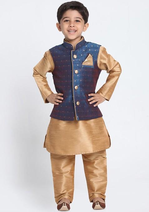 Boys Brown And Blue Solid Kurta With Churidar And Jacket — view on Indya