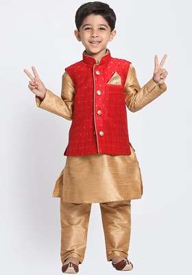 Boys Gold Coloured And Maroon Solid Kurta With Churidar And Jacket