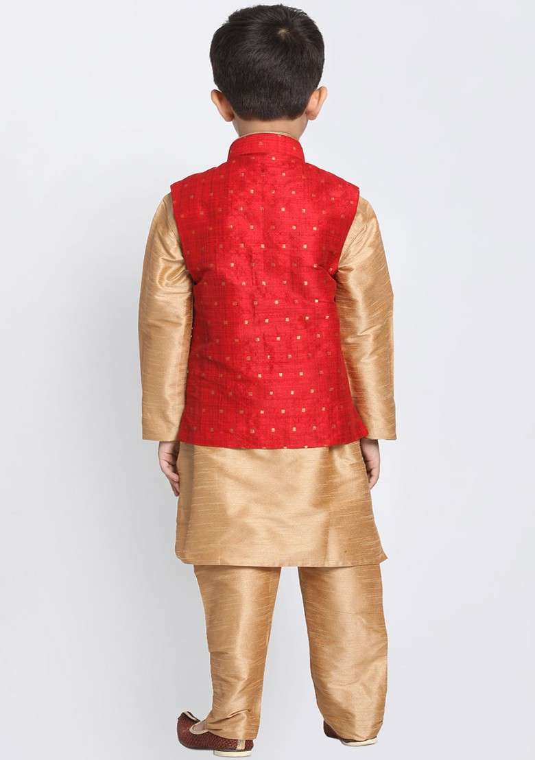 Boys Gold Coloured And Maroon Solid Kurta With Churidar And Jacket - Indya