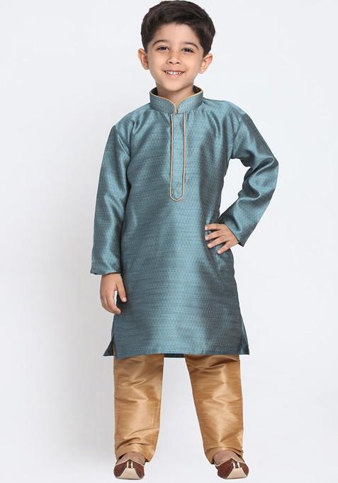 Boys Blue And Beige Self Design Kurta With Churidar — view on Indya