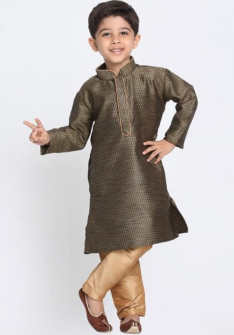 Boys Black And Beige Self Design Kurta With Churidar