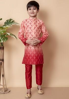 Boys Ethnic Motifs Printed Regular Dupion Silk Kurta With Pyjamas