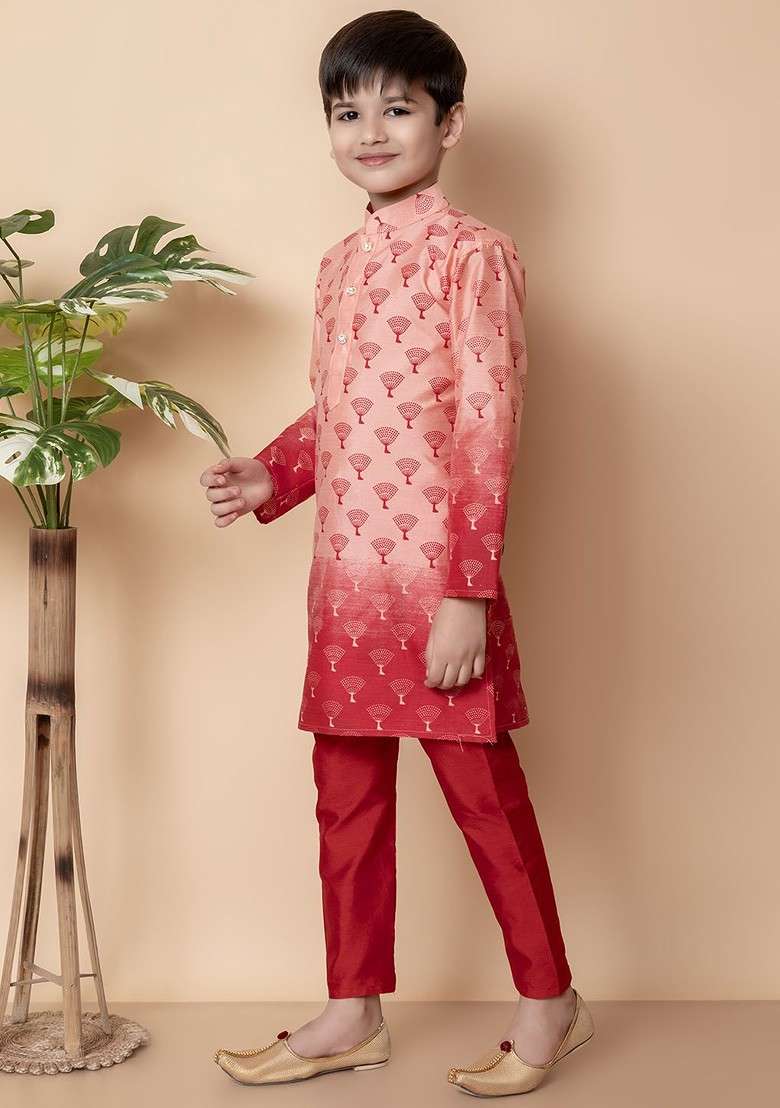 Boys Ethnic Motifs Printed Regular Dupion Silk Kurta With Pyjamas - Indya