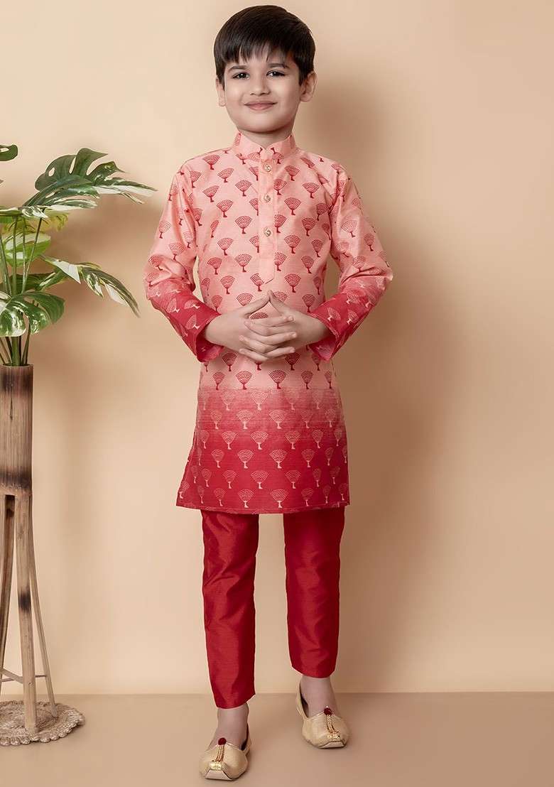 Boys Ethnic Motifs Printed Regular Dupion Silk Kurta With Pyjamas - Indya