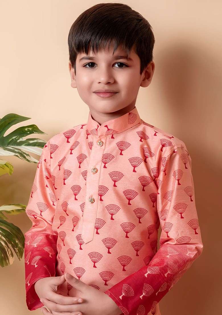 Boys Ethnic Motifs Printed Regular Dupion Silk Kurta With Pyjamas - Indya