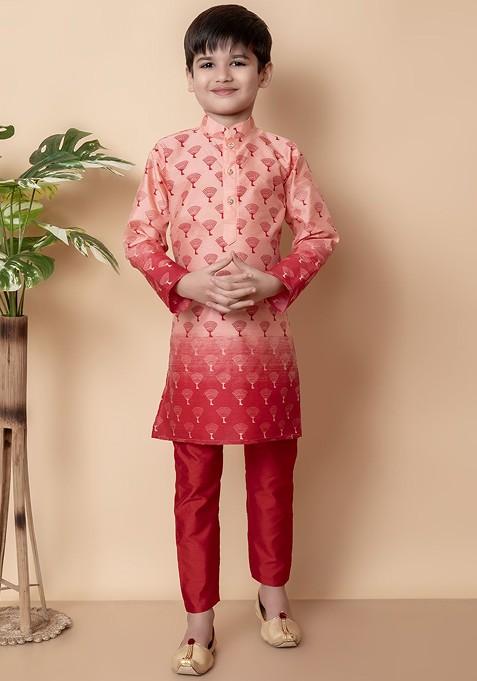 Boys Ethnic Motifs Printed Regular Dupion Silk Kurta With Pyjamas