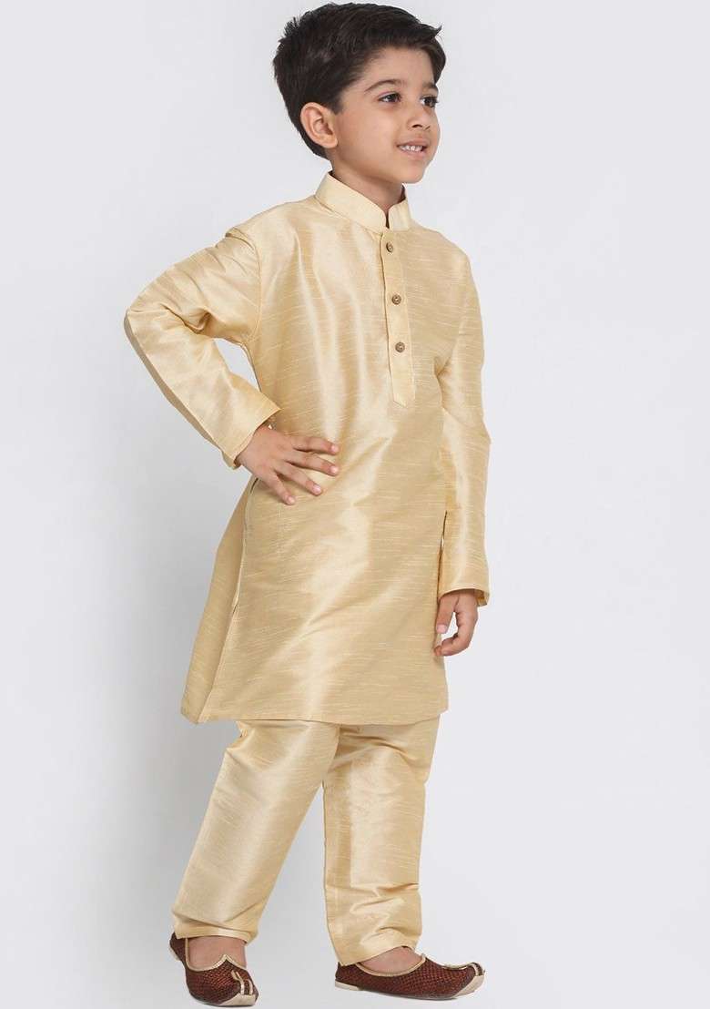 Boys Long Sleeves Dupion Silk Kurta With Pyjamas - Indya