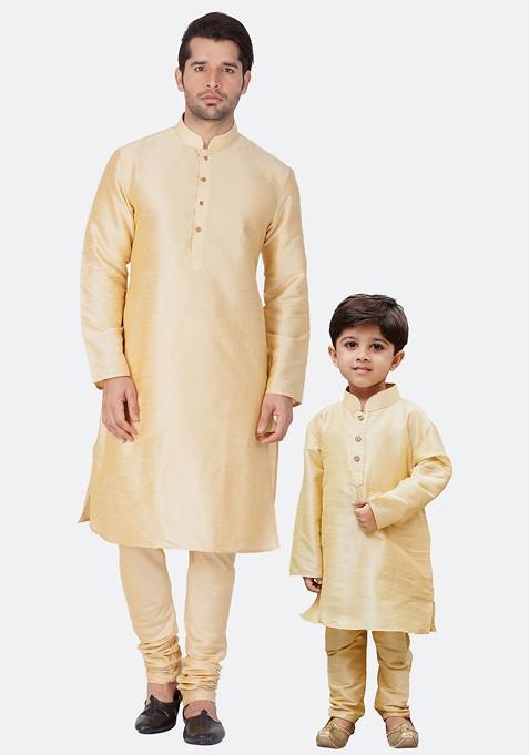 Boys Long Sleeves Dupion Silk Kurta With Pyjamas — view on Indya