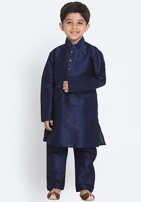 Boys Navy Blue Solid Cotton Silk Kurta With Salwar