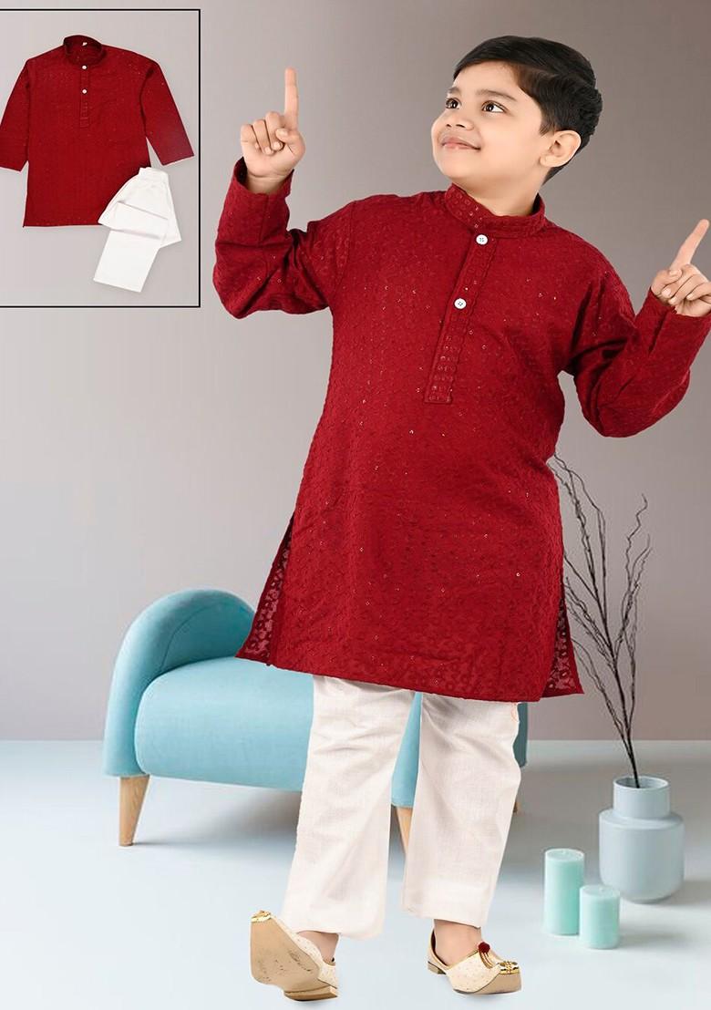 Boys Ethnic Motifs Regular Sequinned Straight Kurta With Trousers - Indya