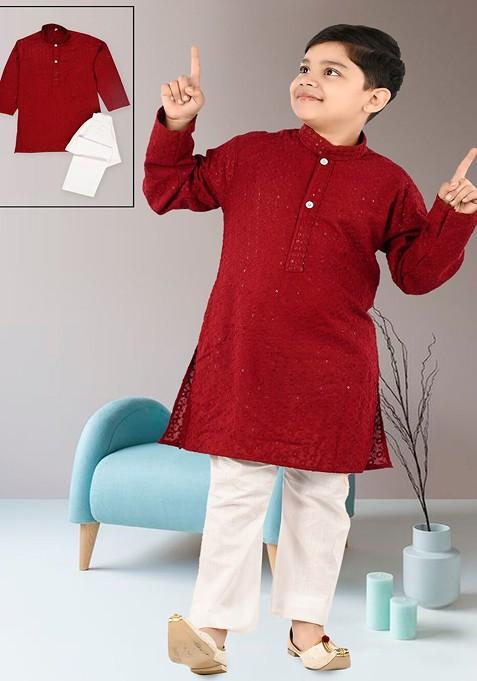 Boys Ethnic Motifs Regular Sequinned Straight Kurta With Trousers