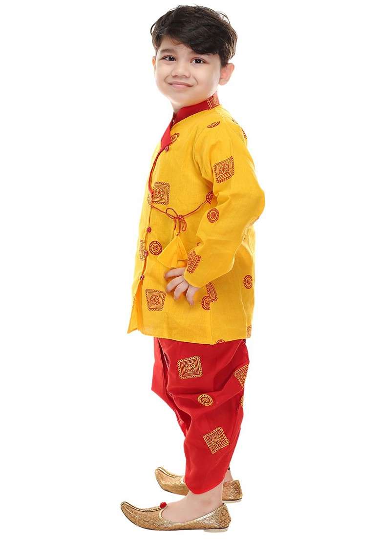 Boys Ethnic Motifs Printed Pure Cotton Regular Kurta With Dhoti Pants - Indya