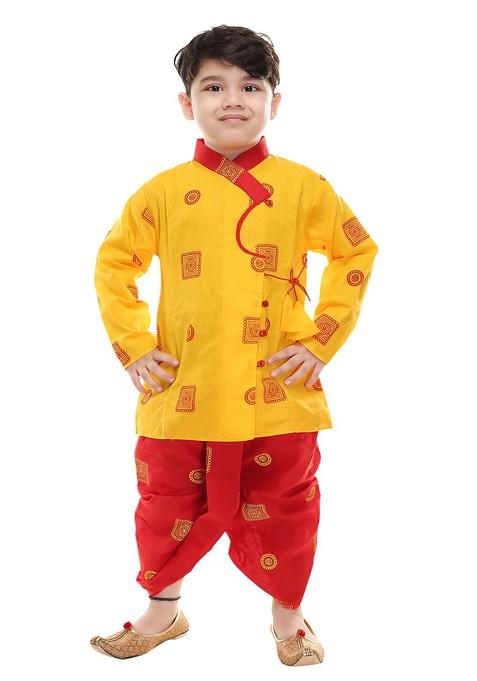 Boys Ethnic Motifs Printed Pure Cotton Regular Kurta With Dhoti Pants — view on Indya