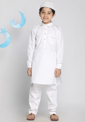 Boys White Solid Kurta And Pyjamas With Cap