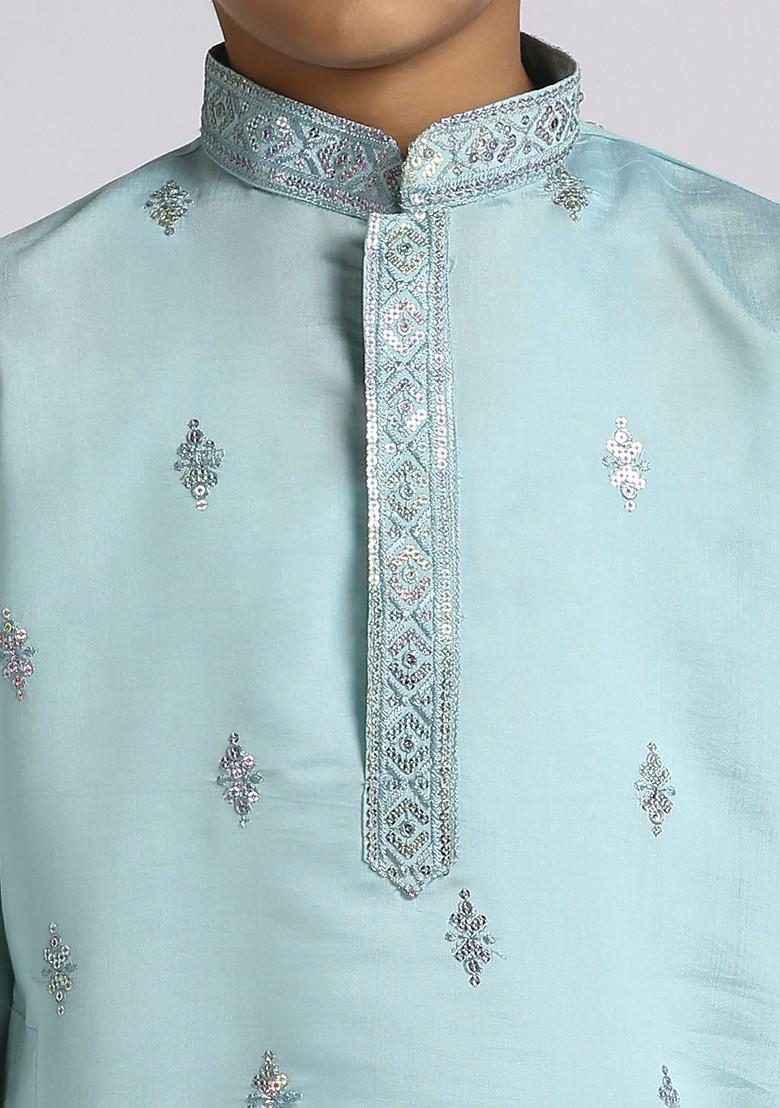 Boys Ethnic Motifs Embroidered Sequinned Mandarin Collar Kurta With Pyjamas - Indya
