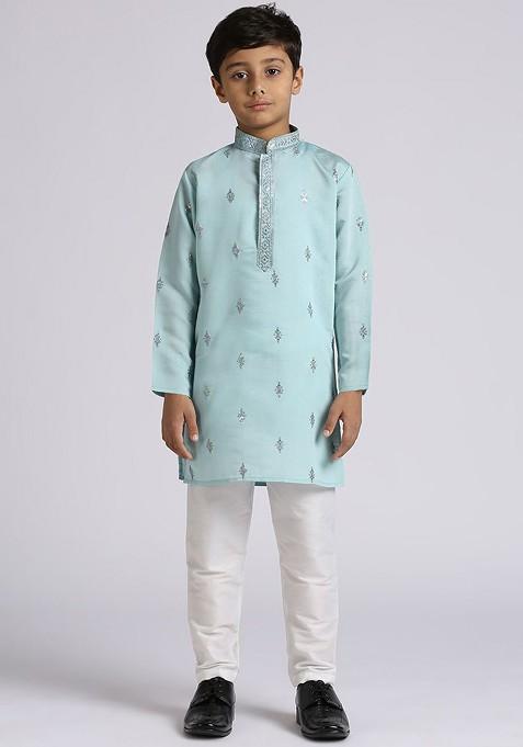 Boys Ethnic Motifs Embroidered Sequinned Mandarin Collar Kurta With Pyjamas — view on Indya
