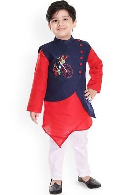 Boys Mandarin Collar Thread Work Regular Thread Work Kurta With Pyjamas And Waistcoat