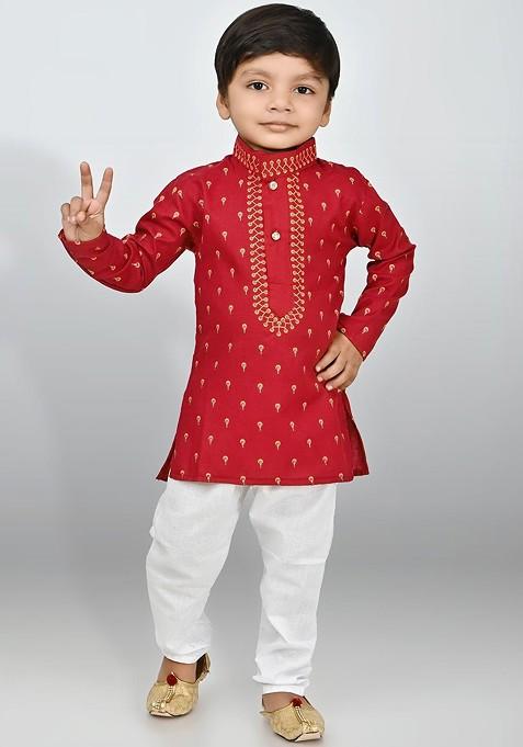 Boys Ethnic Motifs Printed Cotton Straight Kurta With Pyjamas — view on Indya