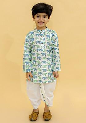 Boys Animal Mandarin Collar Pure Cotton Straight Kurta With Dhoti Pants