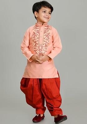 Boys Embroidered Regular Dupion Silk Kurta With Patiala Set
