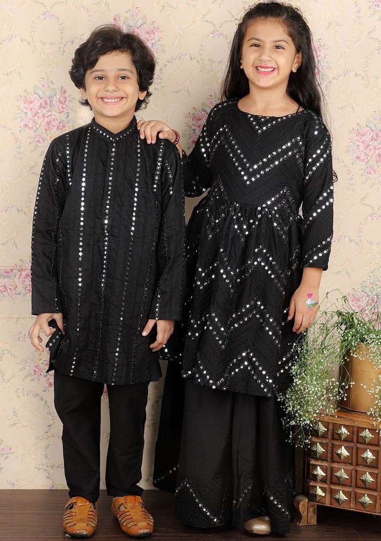 Boys Embroidered Band Collar Mirror Work Kurta With Pyjamas - Indya