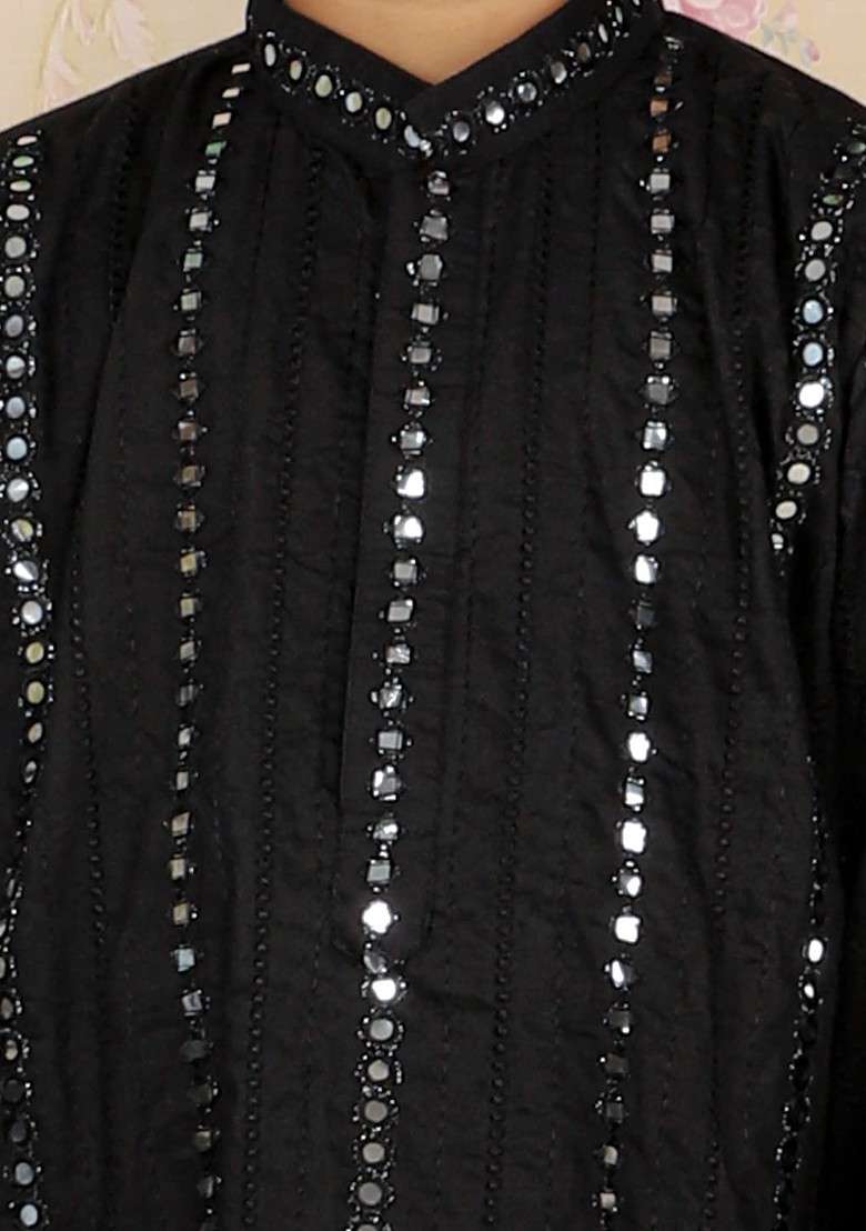 Boys Embroidered Band Collar Mirror Work Kurta With Pyjamas - Indya