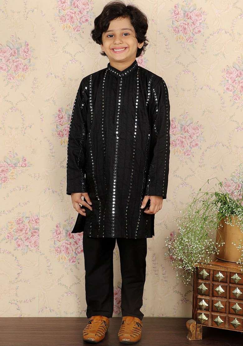 Boys Embroidered Band Collar Mirror Work Kurta With Pyjamas - Indya