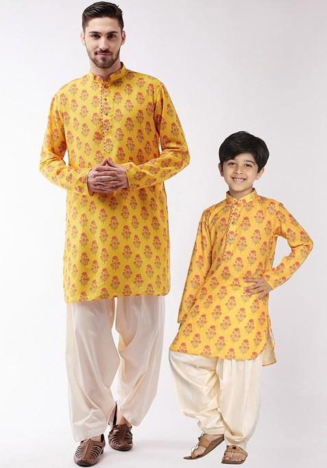 Boys Mustard Yellow Ethnic Motifs Printed Gotta Patti Kurta With Salwar