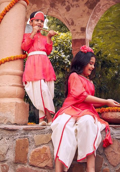 Boys Bandhani Printed Mandarin Collar Kurta With Dhoti Pants