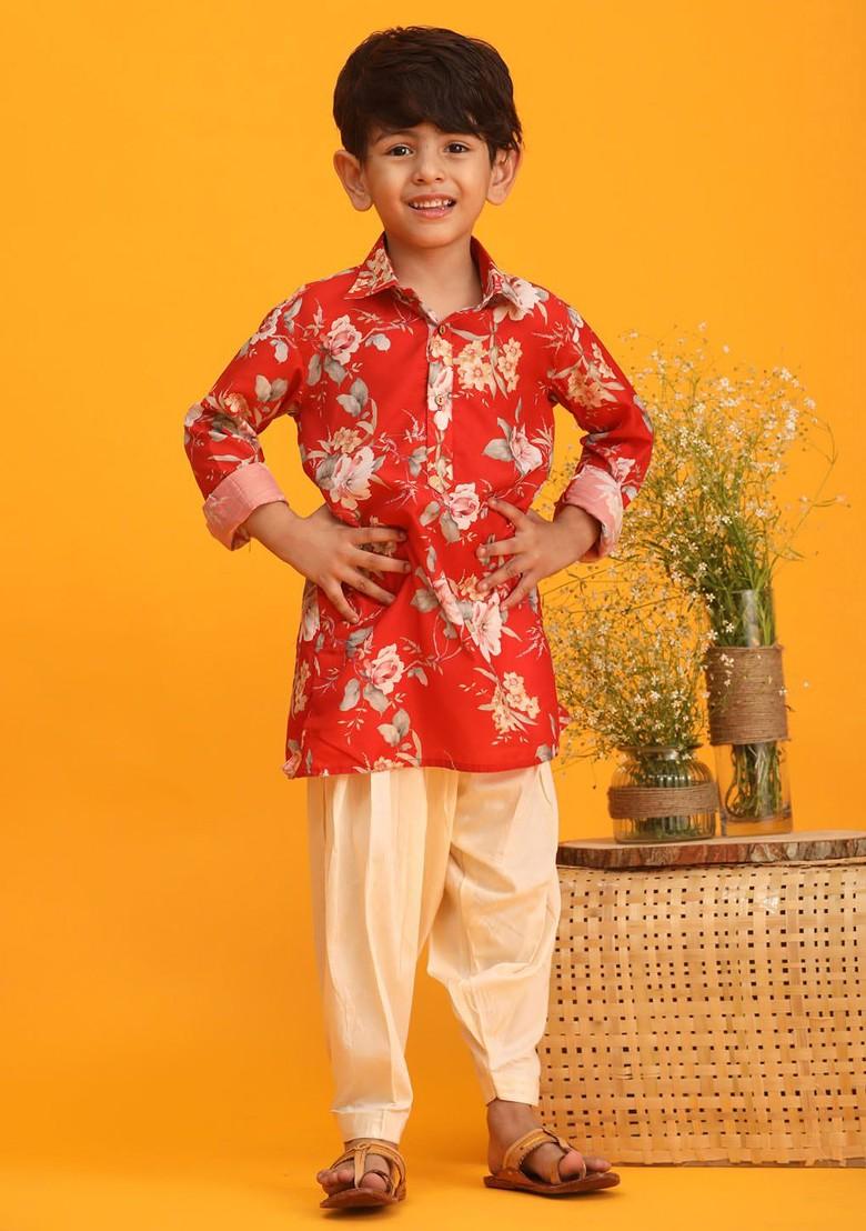Boys Floral Printed Shirt Collar Regular Kurta With Patiala - Indya