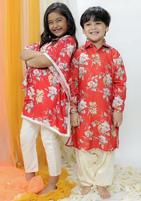 Boys Floral Printed Shirt Collar Regular Kurta With Patiala