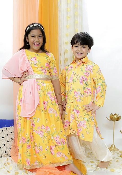 Boys Floral Printed Regular Kurta With Pyjamas — view on Indya
