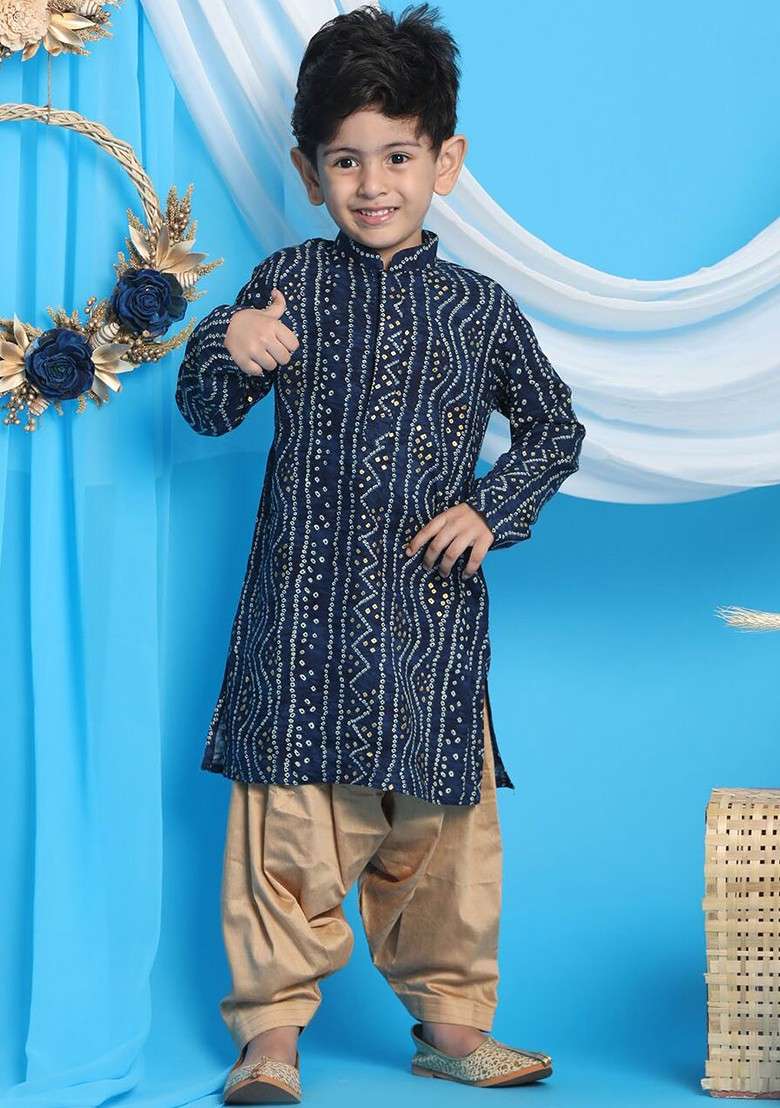 Boys Bandhani Printed Mandarin Collar Kurta With Patiala - Indya