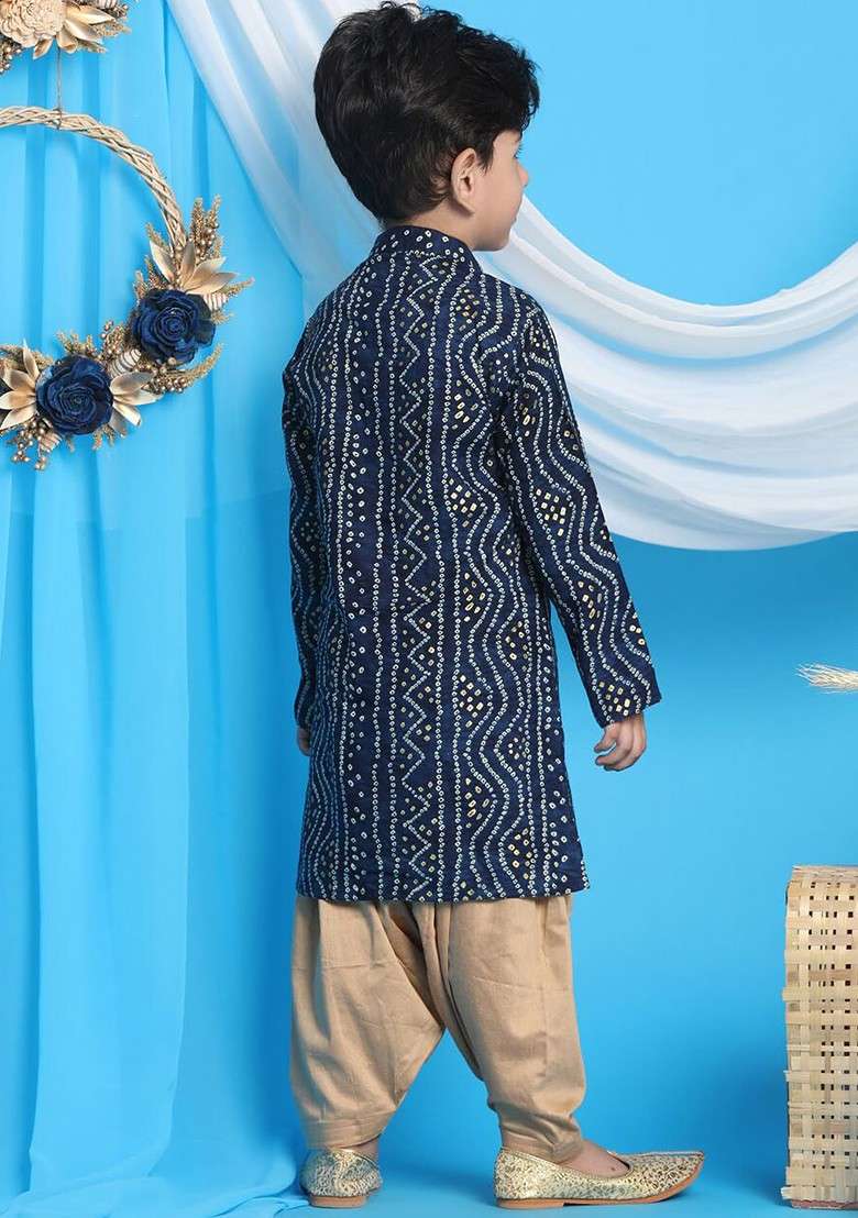 Boys Bandhani Printed Mandarin Collar Kurta With Patiala - Indya