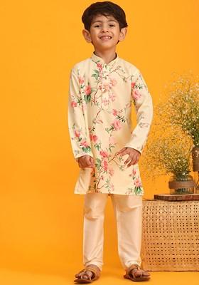 Boys Floral Printed Mandarin Collar Kurta With Pyjamas