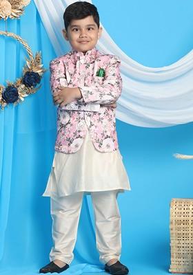 Boys Off White Floral Kurta With Pyjamas And Jacket