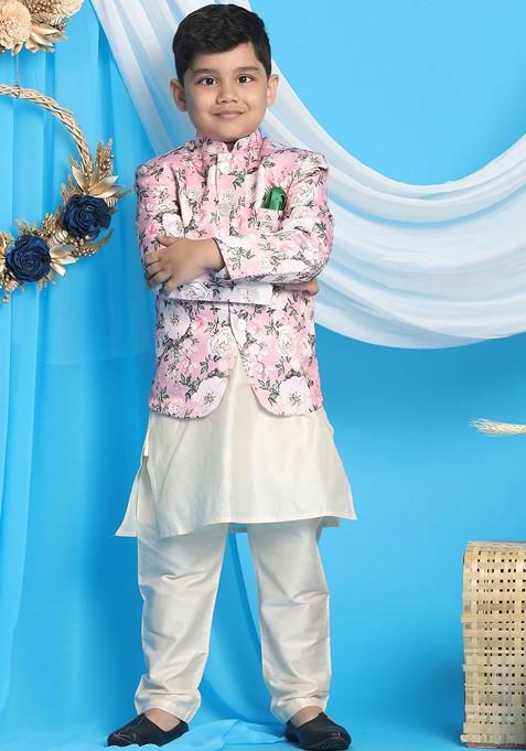 Boys Off White Floral Kurta With Pyjamas And Jacket