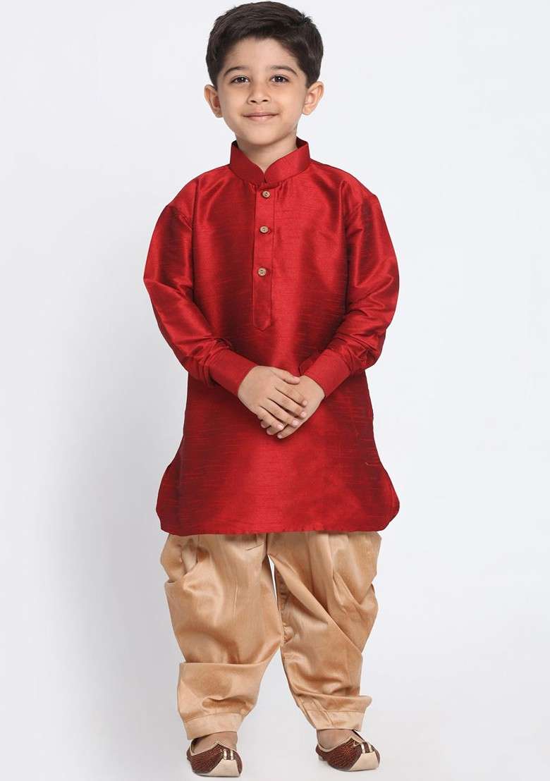 Boys Maroon Kurta With Dhoti Pants - Indya