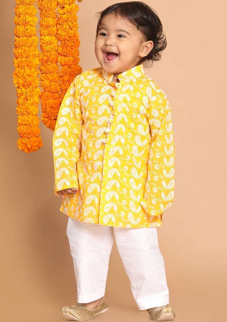 Boys Orange And White Embroidered Chikankari Pure Cotton Kurta With Pyjama - Indya