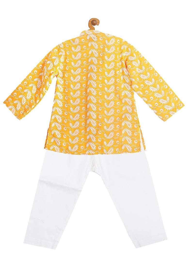 Boys Orange And White Embroidered Chikankari Pure Cotton Kurta With Pyjama - Indya