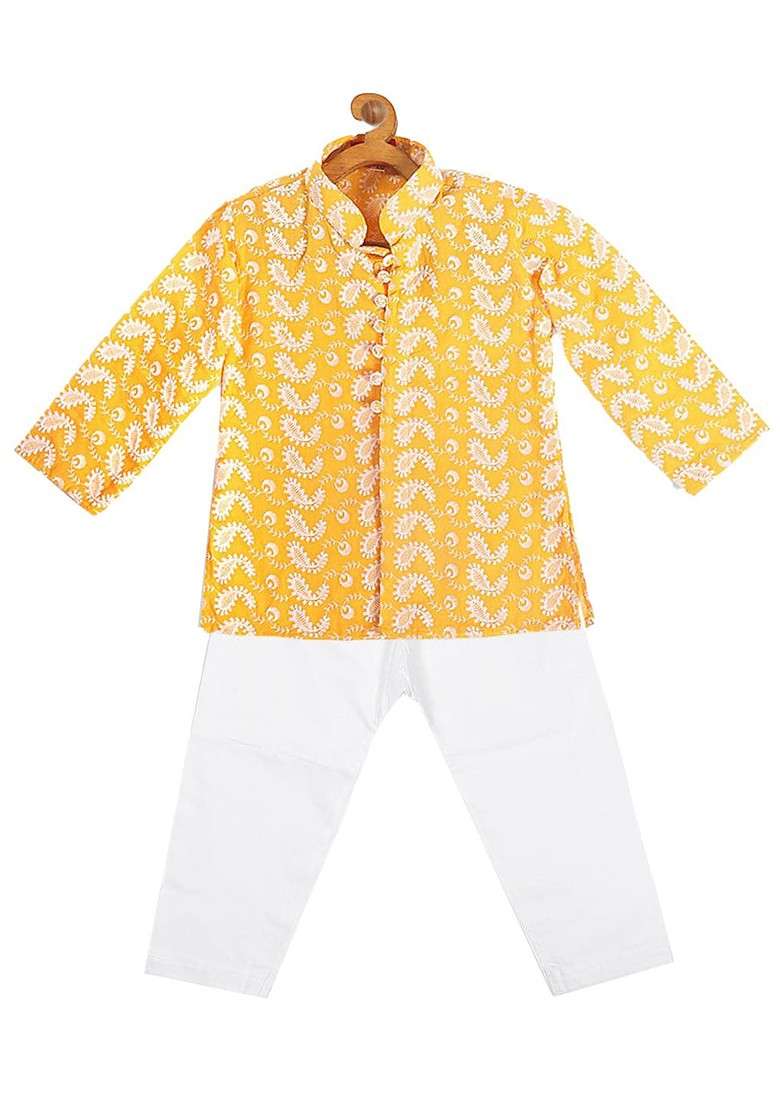 Boys Orange And White Embroidered Chikankari Pure Cotton Kurta With Pyjama - Indya