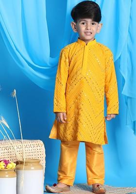 Boys Yellow Embroidered Mirror Work Kurta With Pyjamas