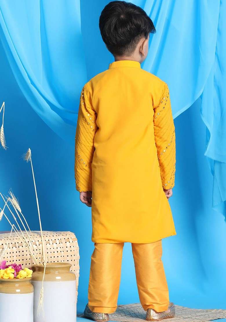 Boys Yellow Embroidered Mirror Work Kurta With Pyjamas - Indya