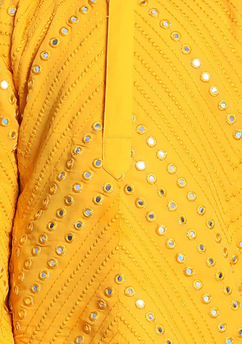 Boys Yellow Embroidered Mirror Work Kurta With Pyjamas - Indya
