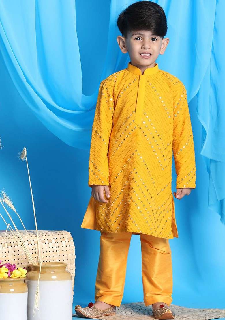 Boys Yellow Embroidered Mirror Work Kurta With Pyjamas - Indya