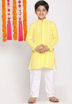 Boys Yellow Paisley Embroidered Pure Cotton Kurta With Pyjamas