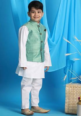 Boys White Kurta And Pyjama With Woven Design Nehru Jacket