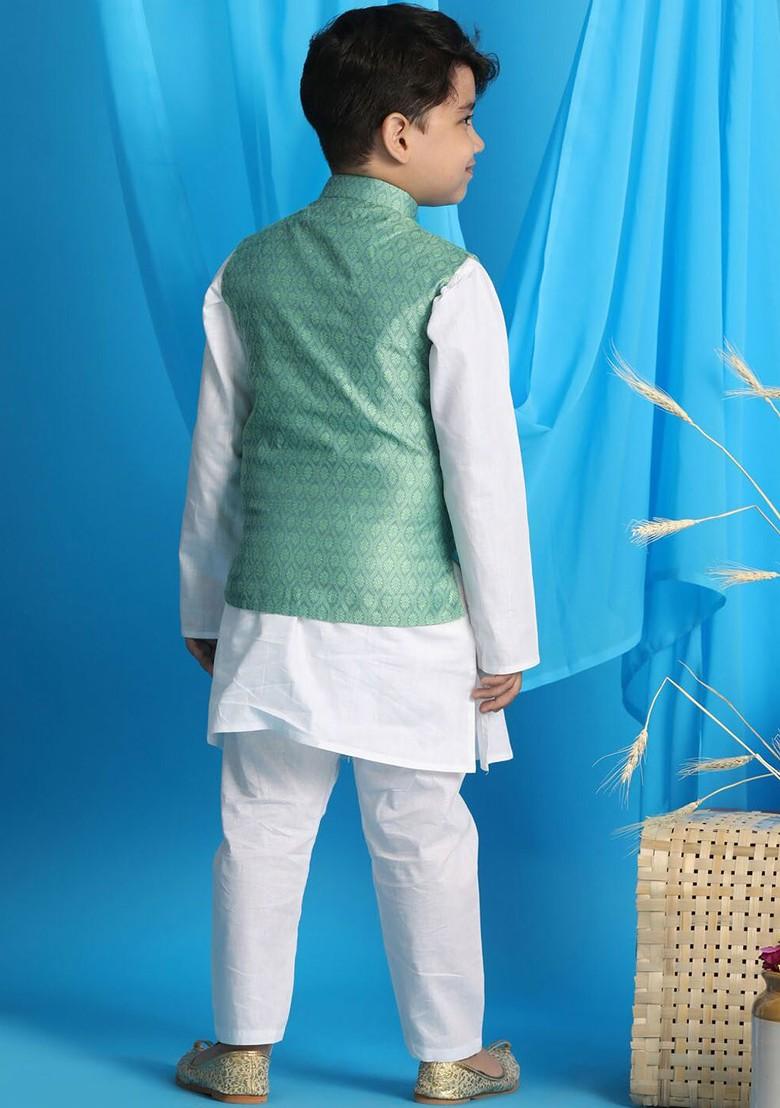 Boys White Kurta And Pyjama With Woven Design Nehru Jacket - Indya