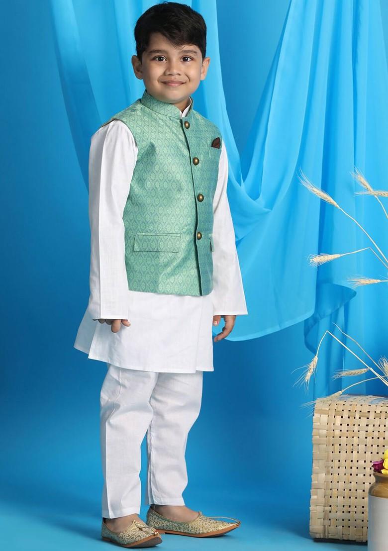 Boys White Kurta And Pyjama With Woven Design Nehru Jacket - Indya